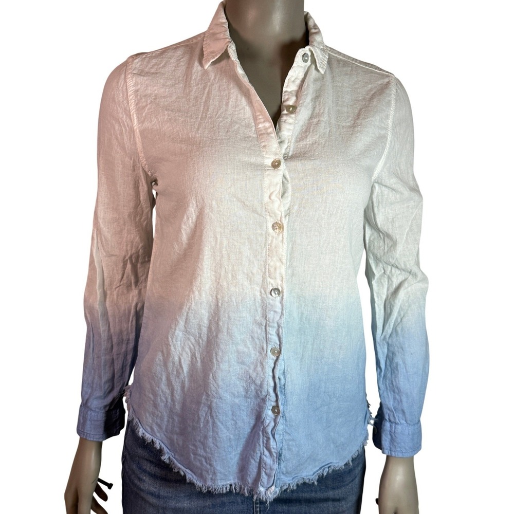 beachlunchlounge Ombre Button Down Shirt Blue White Frayed Hem Size S